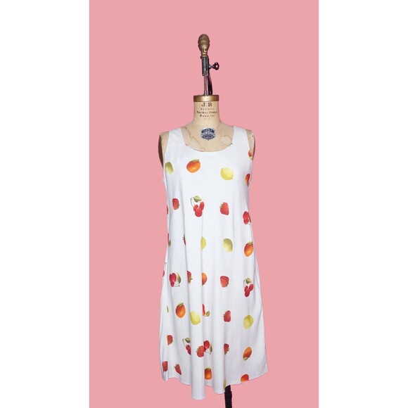 Y2K SILK CLUB FRUIT. Novelty Print Cream Tank Dress. Medium-Large. AS IS - Picture 2 of 10